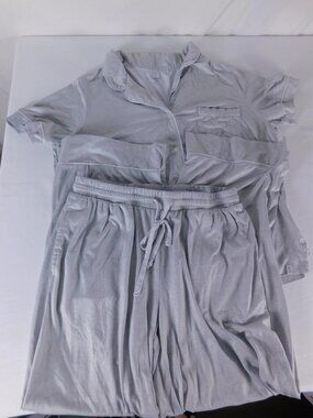 Gap Body Pajama Set Womens M Gray Velour Short Sleeve Button Drawstring Pants